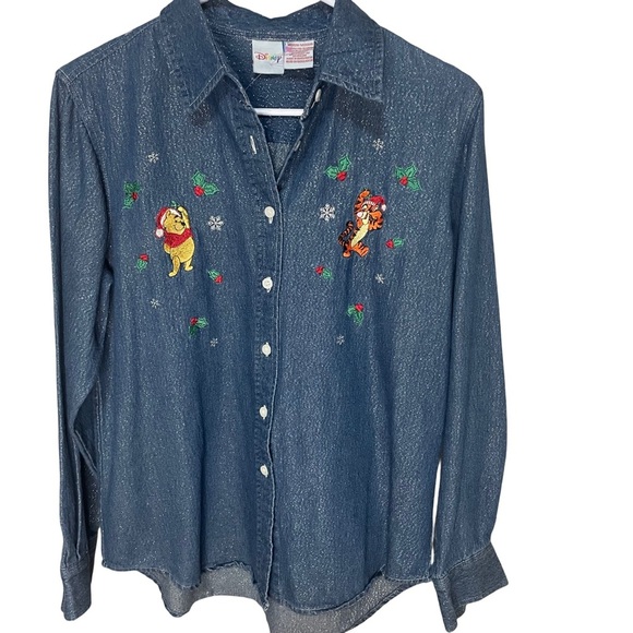 Disney Tops - Disney Womens M Winnie The Pooh Shirt Embroidered Christmas Sparkly Denim